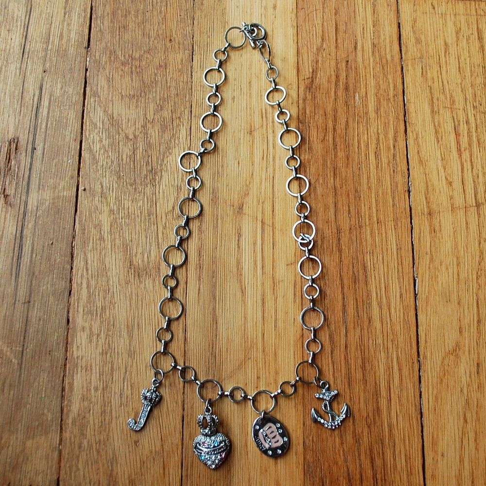 Juicy Couture Silver Tone 4 Charm Necklace Anchor Crown J Heart Designer Y2K
